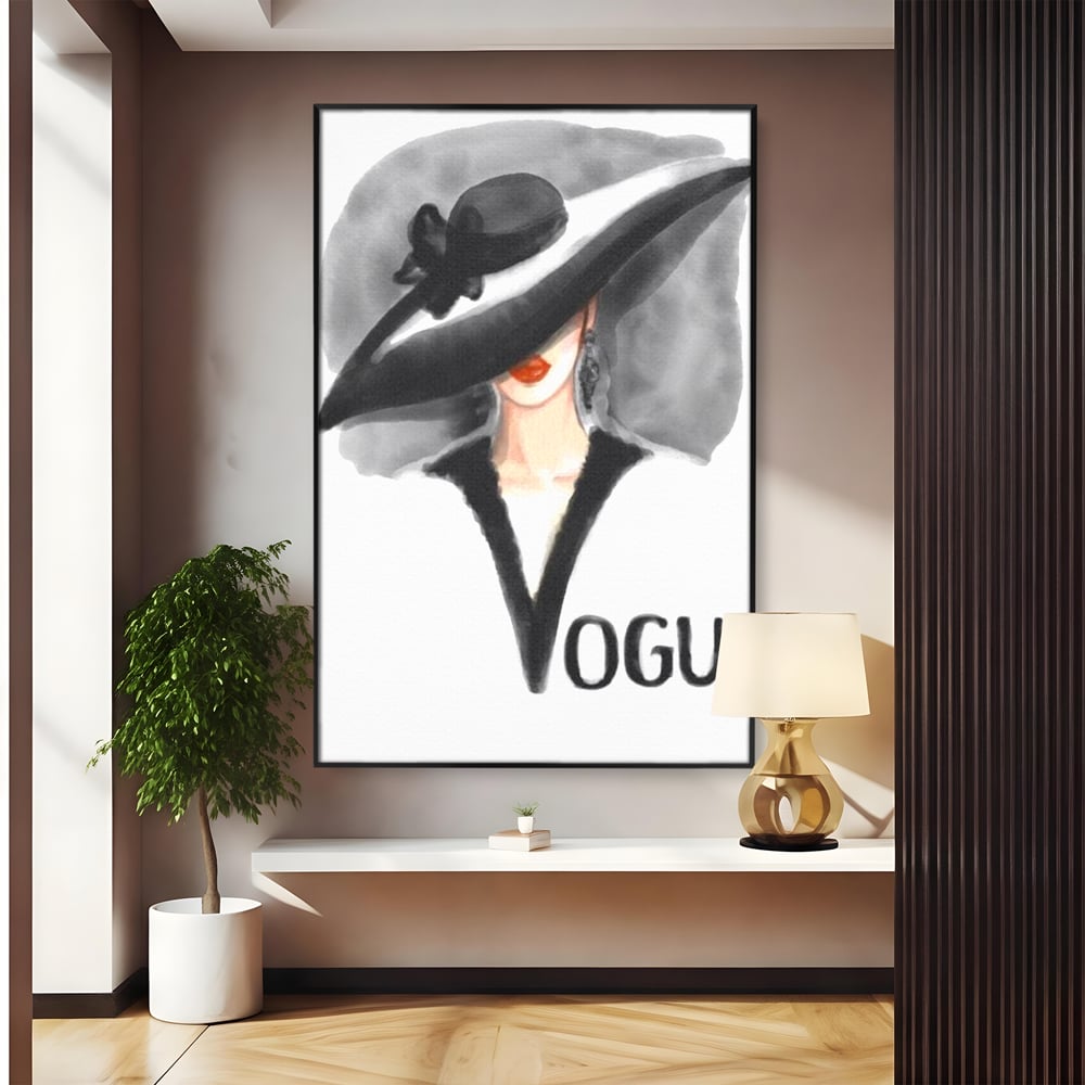 Tablou canvas cu ilustratie cu femeie purtand palarie, in rama de aluminiu negru